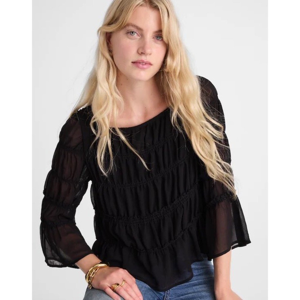 Madewell Womens Squareneck Smocked Tiered Peplum Top Black NY630 Size Medium New